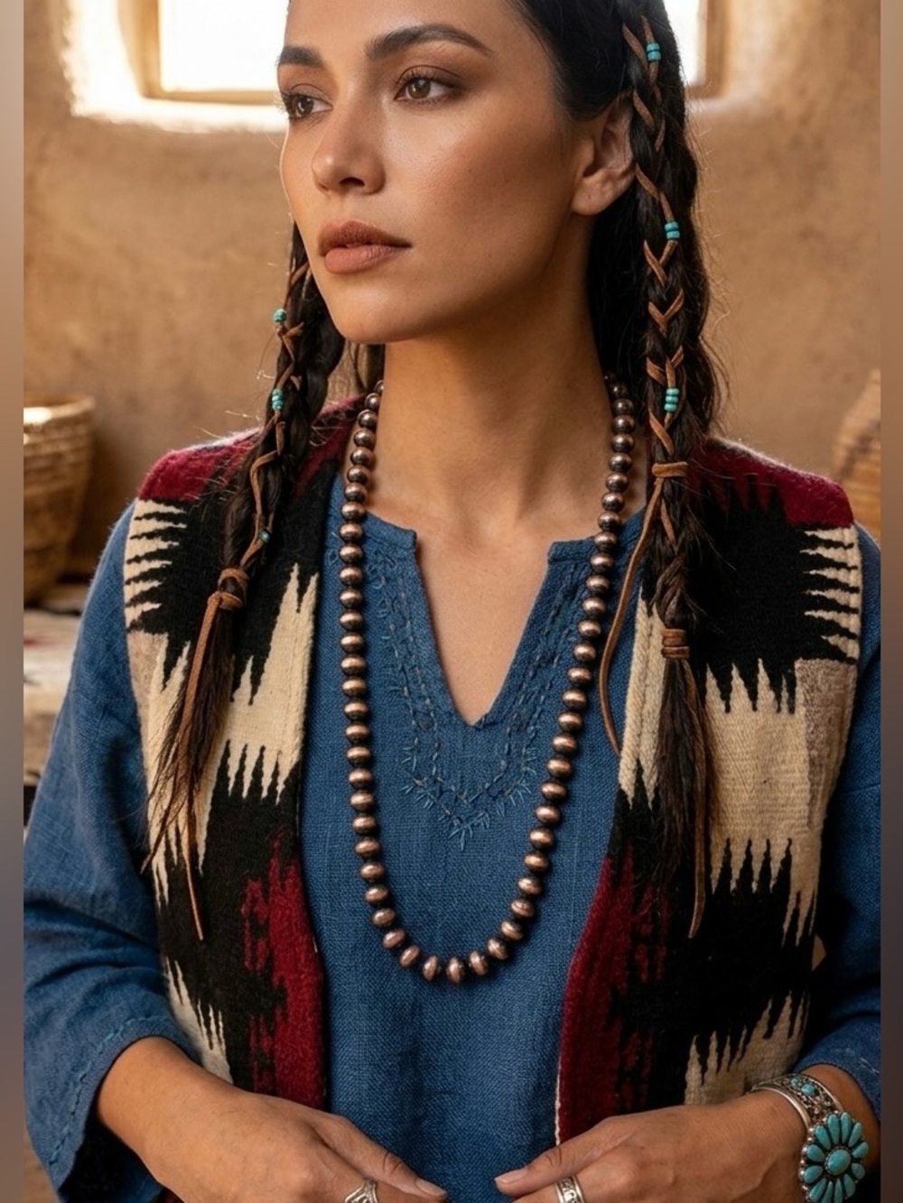 Southwest Native Style Copper Tone FAUX Navajo Pearl Beaded Costume Necklace